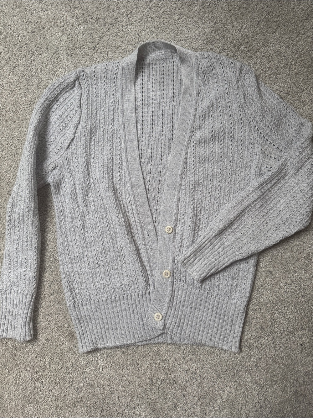Vintage Light Gray Open-Knit V-Neck Button Cardigan Sweater - Women